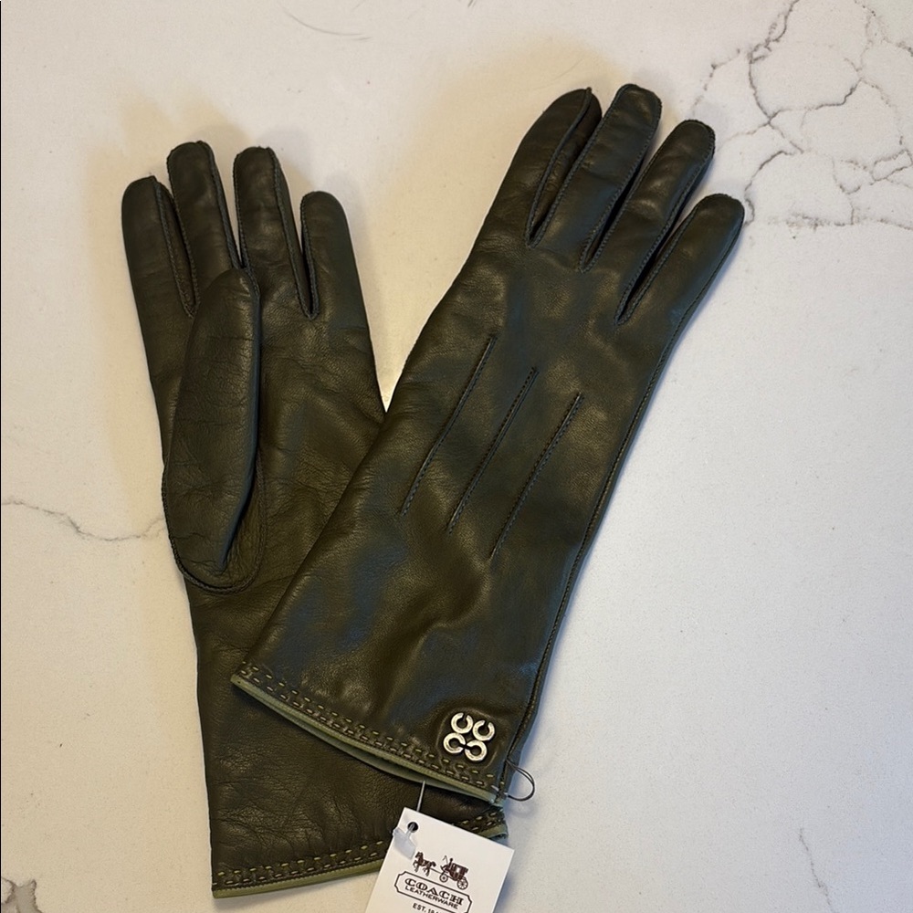 Green leather gloves Coach NWT cashmere lined